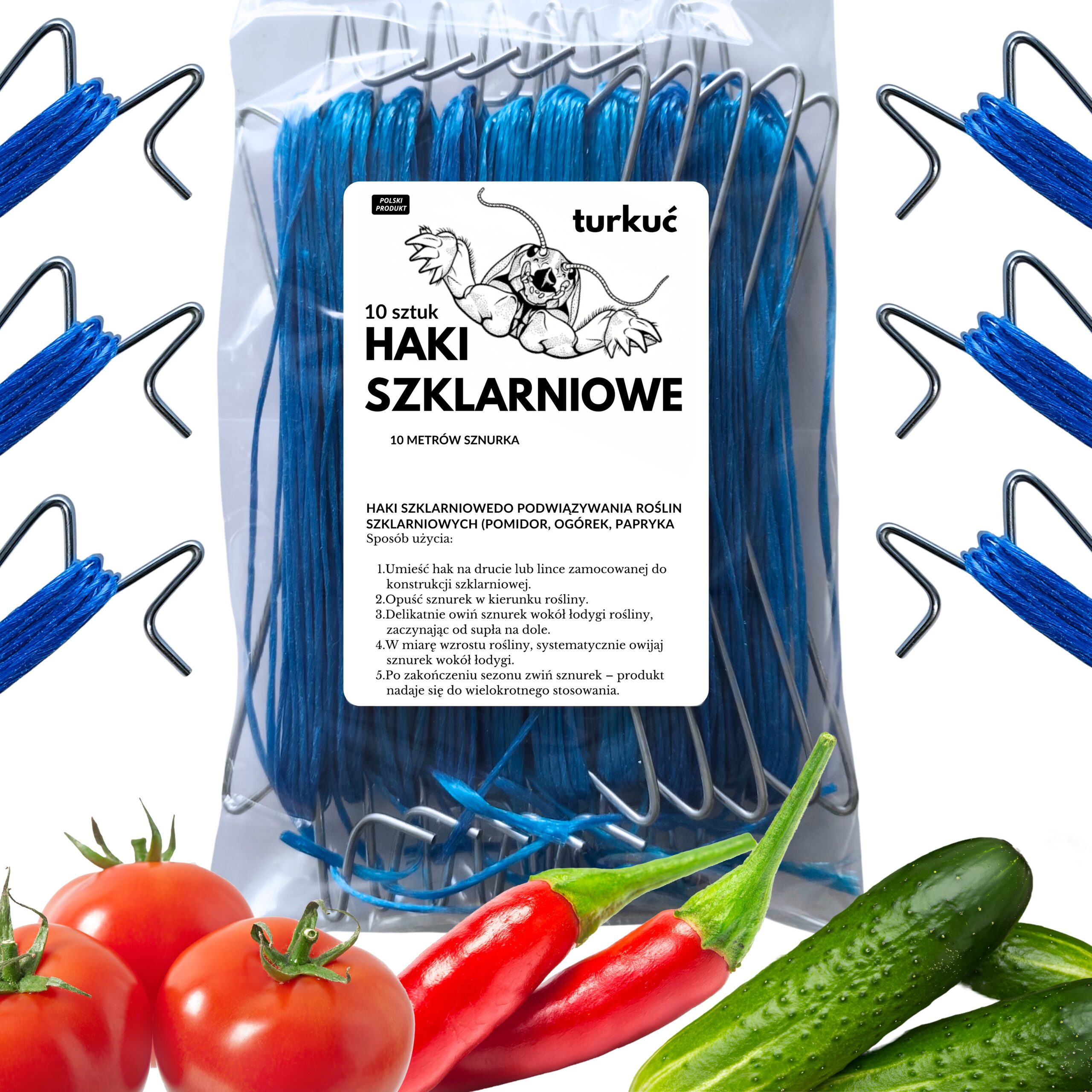 Haki Szklarniowe10m Sznurka – Profesjonalny System Podtrzymywania Upraw (Zestaw 10 szt.)